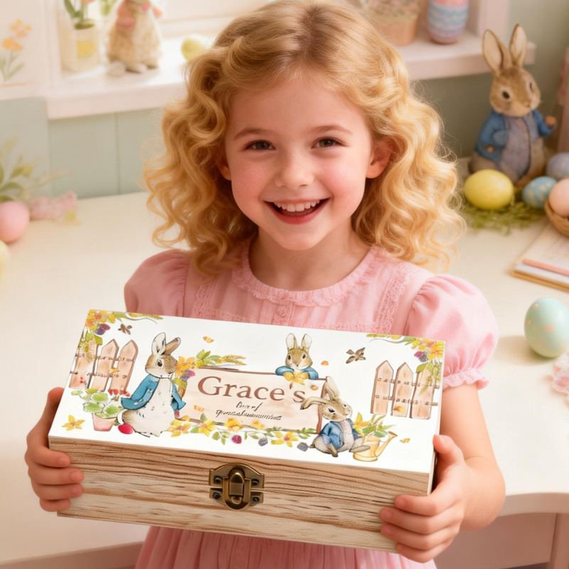 Personalized Peter Rabbit Bunny Wooden Storage Box Easter Birthday Gift for Kids Friend