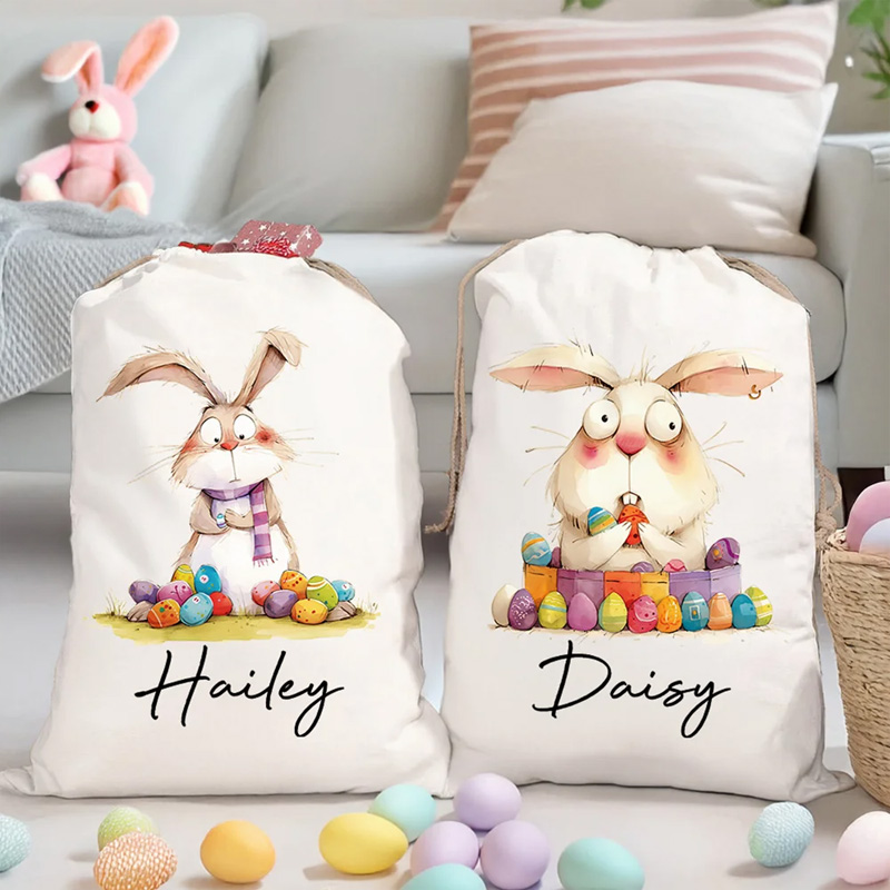 Personalized Quirky Easter Bunny Large Capacity Drawstring Canvas Treat Bag with Name Easter Egg Hunt Holiday Party Favors Gift for Kids Family