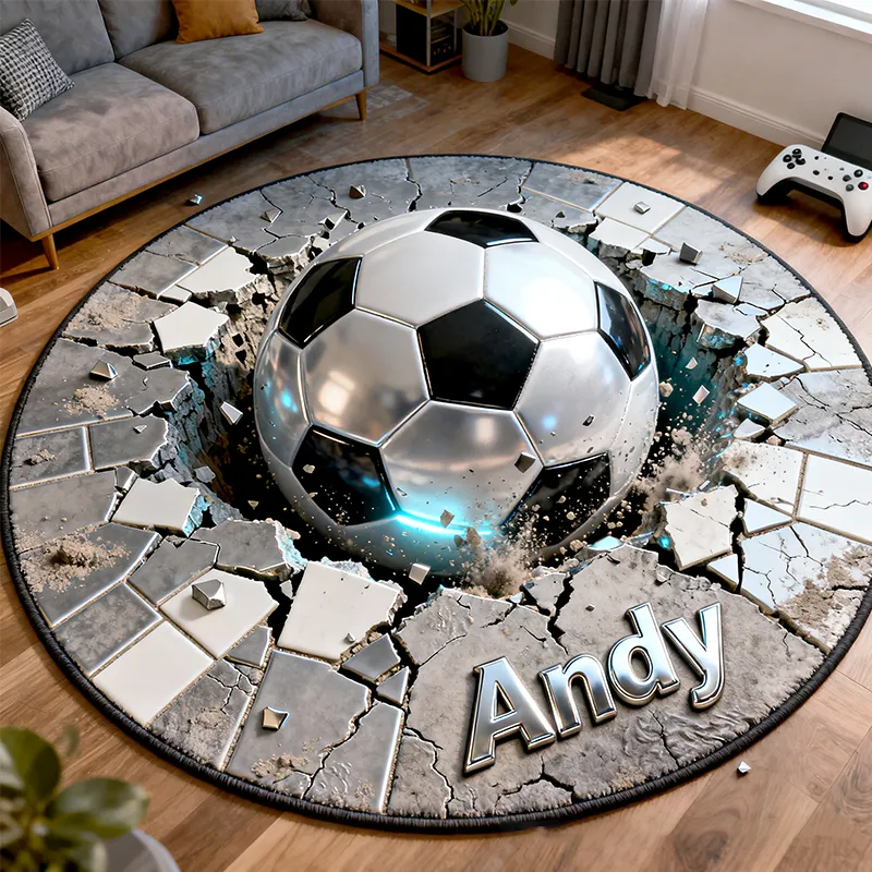 Personalized Soccer Rug with Cracked Floor Design Dynamic 3D Effects and Custom Name