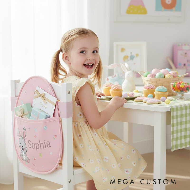 Personalized Bunny Easter Chair Back Pocket Custom Name Storage for Eggs Gifts and Cards Perfect Gift For Easter