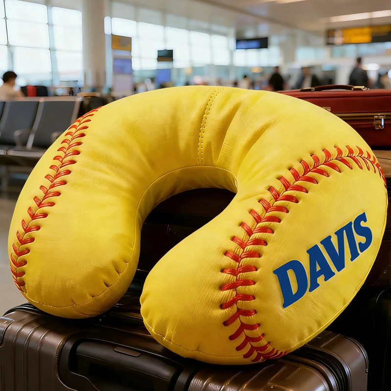 Personalized Softball U-Shaped Pillow with Custom Name for Sports Fans and Travelers