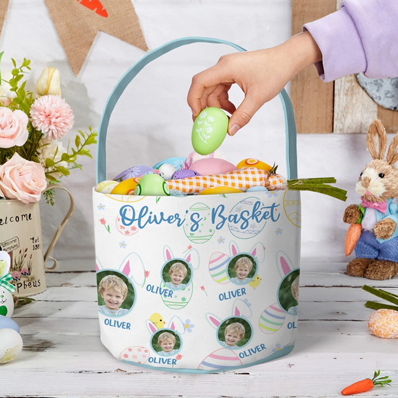 Personalized Kid Happy Easter with Bunny Ears Photo Easter Basket Easter Gifts for Kids