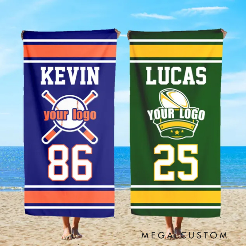 Personalized Sports Team Beach Towel with Custom Name Number Logo and Bold Team Colors Design Perfect for Players Fans Team Members and Outdoor Activities