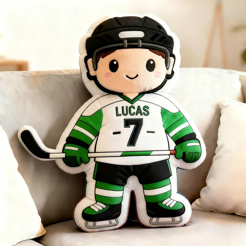 Personalized Cute Ice Hockey Themed Pillow with Custom Name and Jersey Number for Kids and Fans 