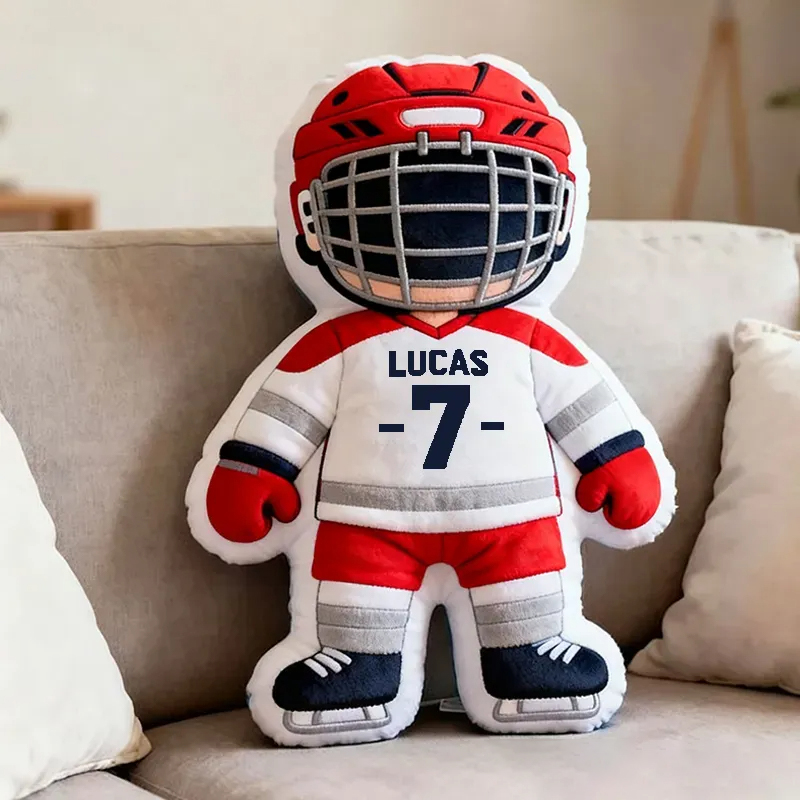 Personalized Cute Hockey Player Pillow with Custom Name and Number 