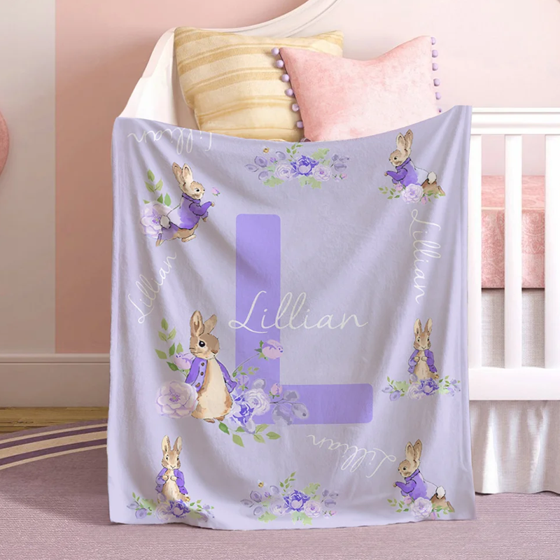 Personalize Cute Bunny Peter Rabbit Soft Throw Blanket with Name and Initial Home Decor Birthday Christmas Gift for Boys Girls