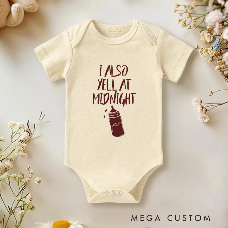 Personalized I Also Yell at Midnight Funny and Playful Baby Bottle Baby Onesie