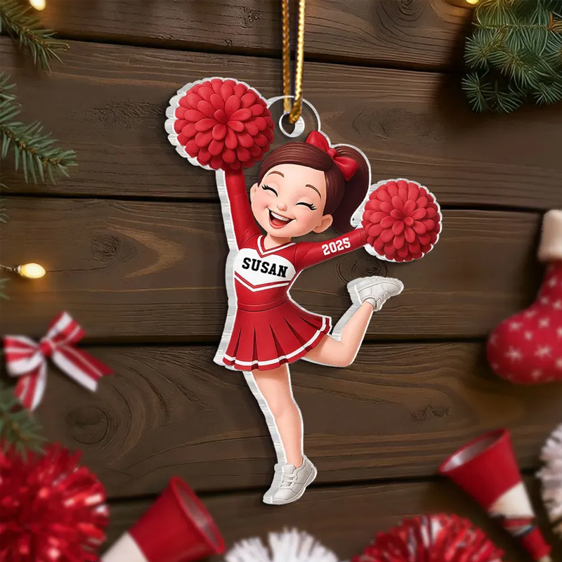 Personalized Acrylic Cheerleader Christmas Ornament with Custom Name, Year, and Colors