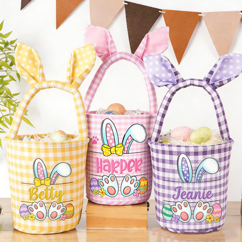 Personalized Easter Bunny Theme Name Gingham Fabric Basket with Ears Kids Egg Hunt Gift Tote Spring Storage Basket