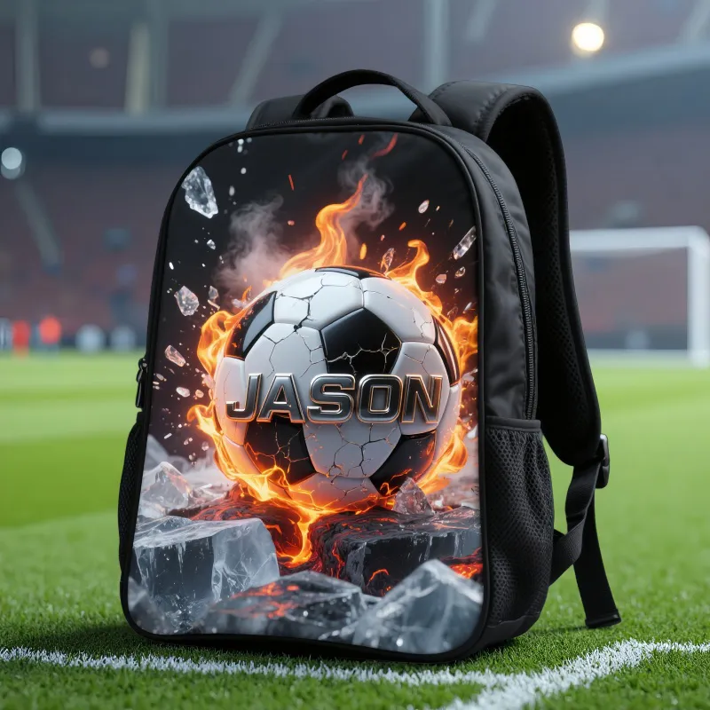 Personalized Soccer Backpack with Fiery Design and Custom Name for Kids and Soccer Lovers Black to School Gift 