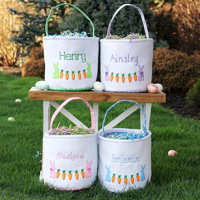 Personalized Easter Bunny Theme Name Embroidered Carrot Pattern Fabric Basket Kids Egg Hunt Gift Storage Tote