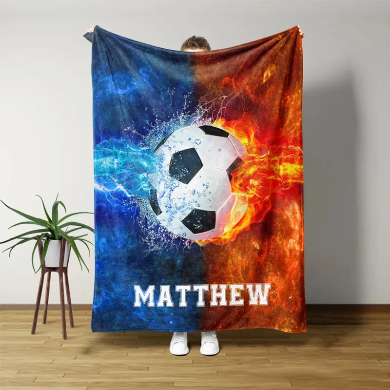 Personalized Fire and Water Design Soccer Blanket with Custom Name and Dynamic Sports Art