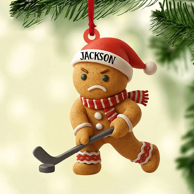 Personalized Acrylic Gingerbread Hockey Christmas Ornament with Custom Name  