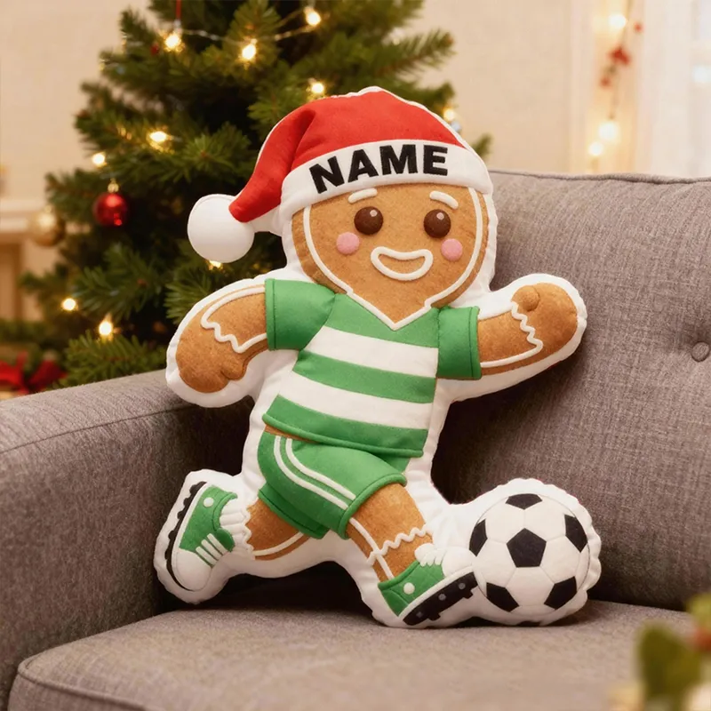 Personalized Gingerbread Soccer Player Pillow with Custom Name and Festive Design