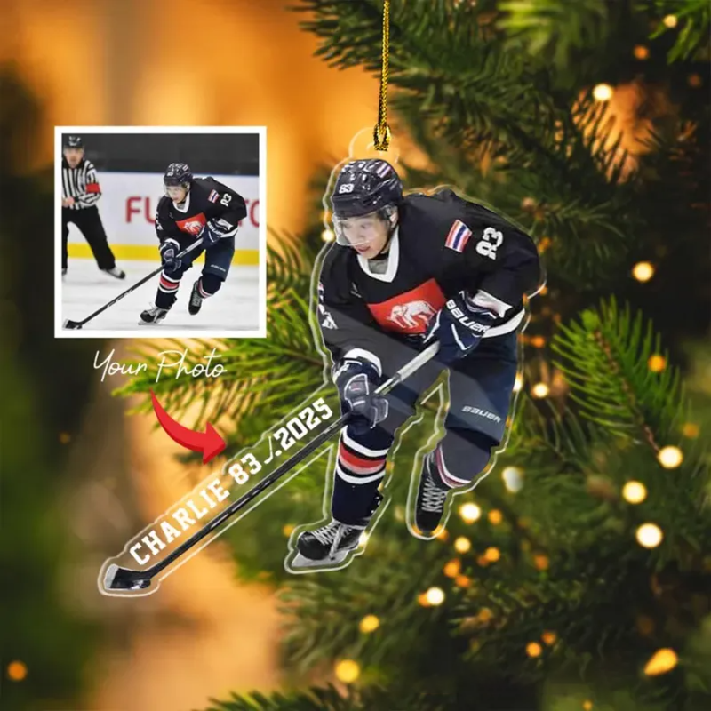 Personalized Hockey Player Christmas Acrylic Ornament with Custom Photo and Name Design