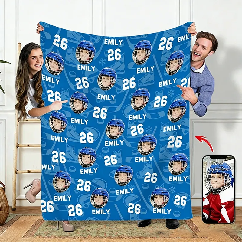 Personalized Ice Hockey Blanket with Custom Photo, Name, and Number Design