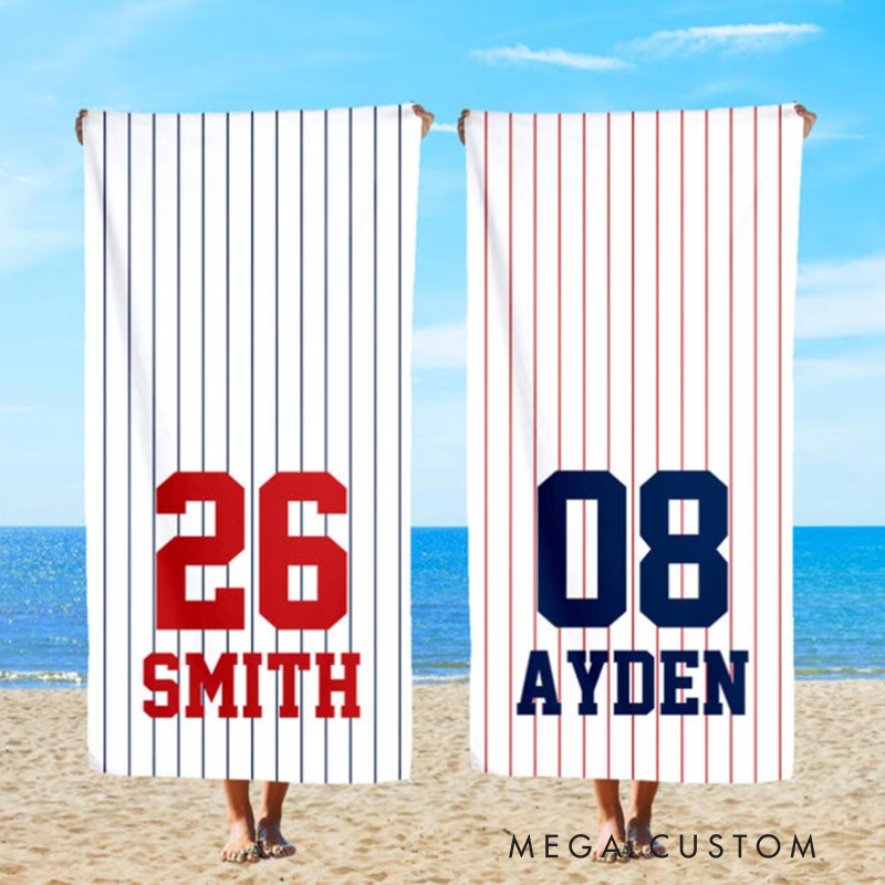 Personalized Baseball Beach Towel with Custom Name Number and Classic Pinstripe Design for Players and Fans