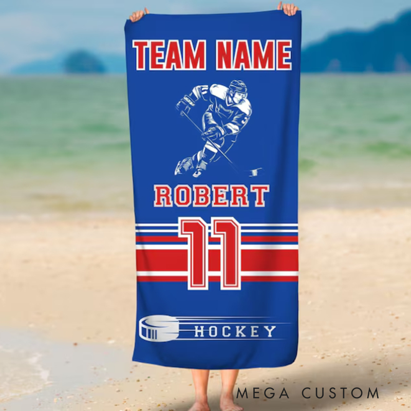 Personalized Hockey Beach Towel with Custom Team Name Player Name Number and Dynamic Sports Design