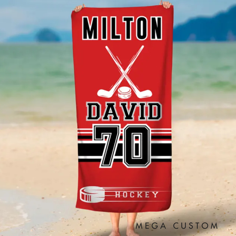 Personalized Hockey Beach Towel with Custom Team Name Player Name Number and Bold Red Design Featuring Hockey Sticks and Team Stripes