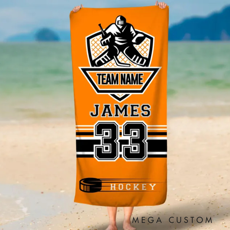 Personalized Hockey Beach Towel with Custom Team Name Player Name Number and Bold Orange Goalie Design Featuring Team Stripes