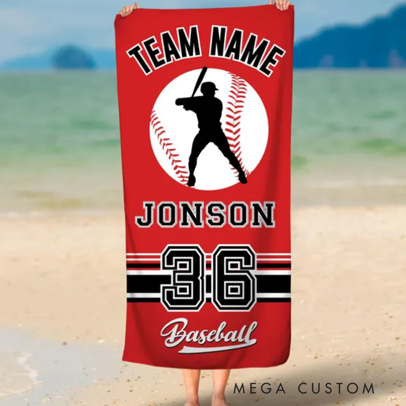Personalized Baseball Beach Towel with Custom Team Name Player Name Number and Bold Red Design Featuring Batter and Baseball Graphic