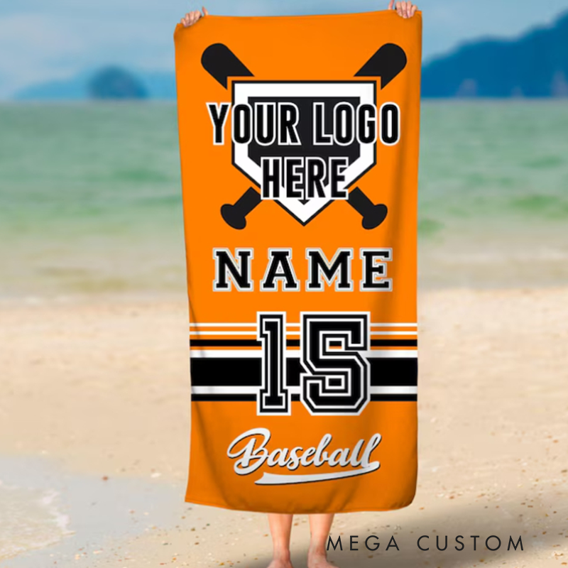 Personalized Baseball Beach Towel with Custom Team Logo Player Name Number and Bold Orange Design Featuring Crossed Bats and Home Plate Graphic