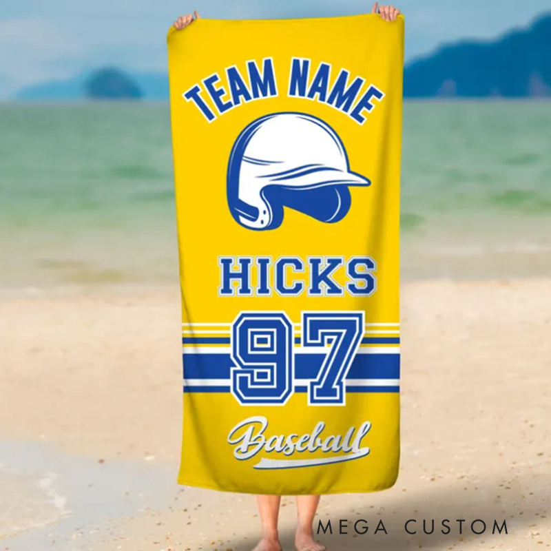 Personalized Baseball Beach Towel with Custom Team Name Player Name Number and Bright Yellow Design Featuring Helmet Graphic and Team Stripes