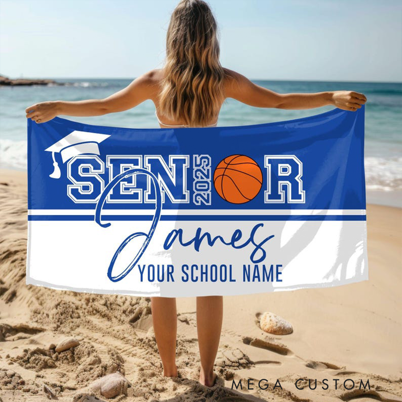 Personalized Senior 2025 Sports Beach Towel with Custom Name School Name Graduation Cap Design and Choice of Sports Ball
