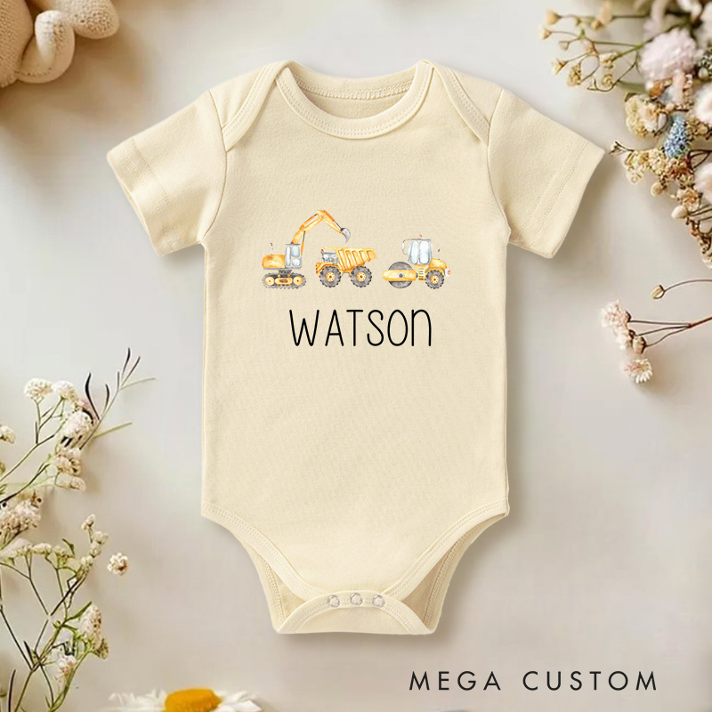 Personalized Construction Vehicle Themed Design for Kids and Families Baby Onesie