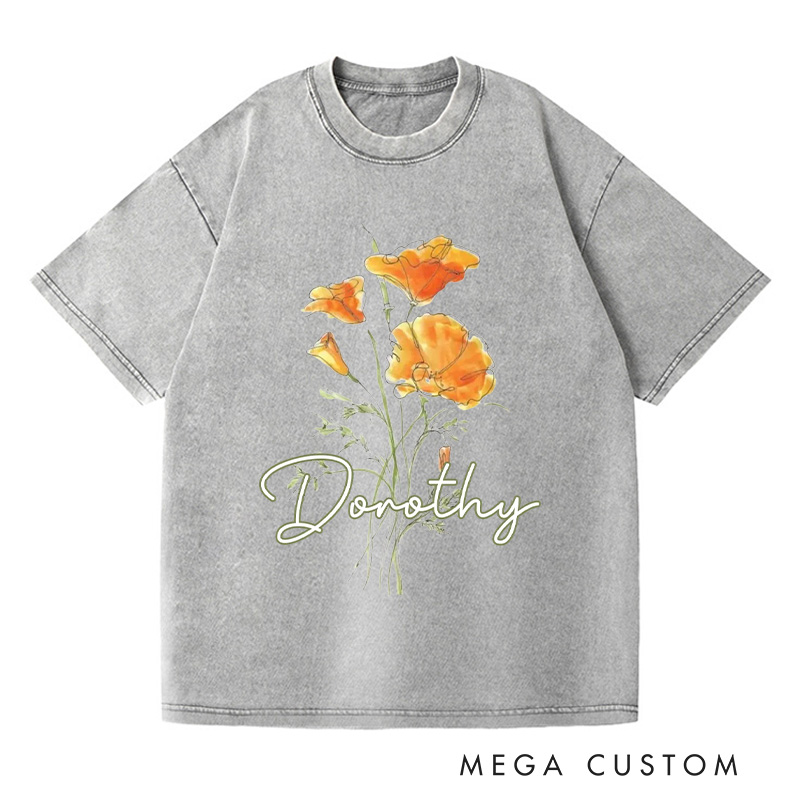 Personalized Golden Poppy Washed T-Shirts Wildflower Shirt Plant Lover Shirt Botanical Shirt California Poppy T shirt Gardening Lover Gift