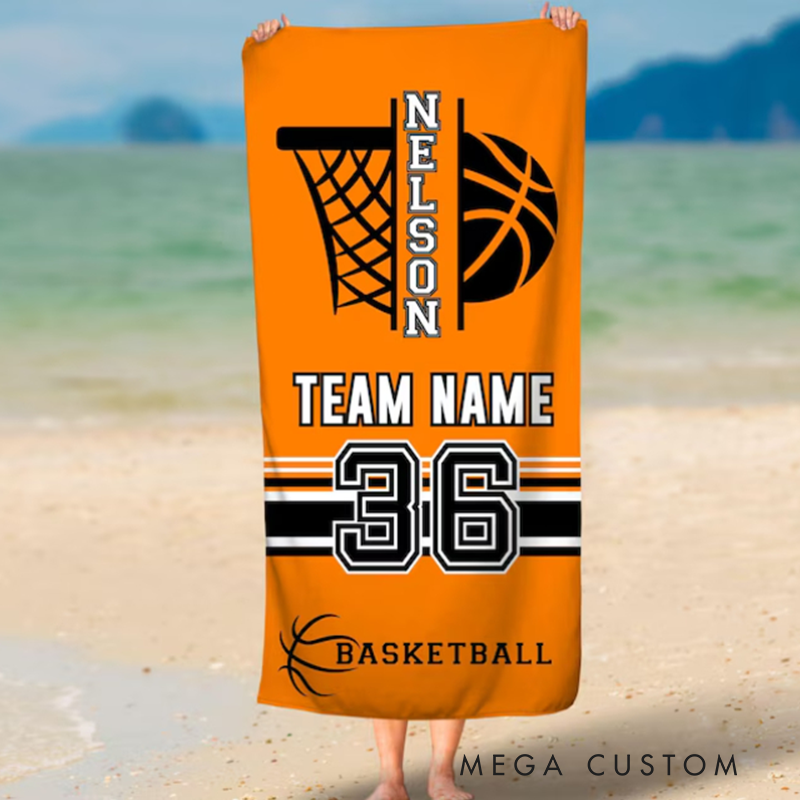 Personalized Basketball Beach Towel with Custom Name Team Name Jersey Number and Bold Orange Design Featuring Hoop and Ball Graphic