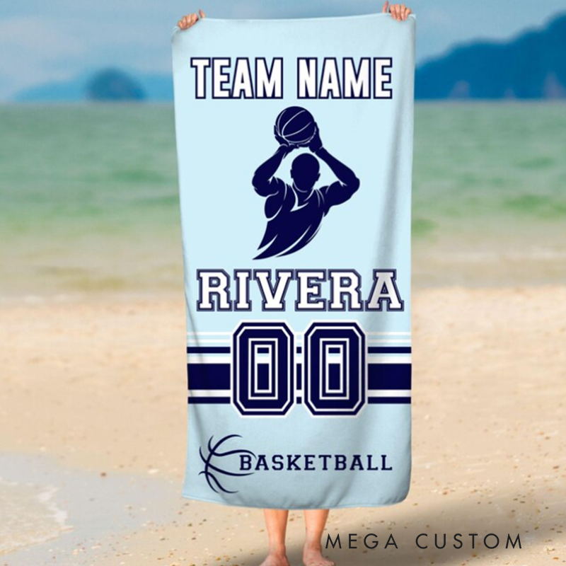 Personalized Basketball Beach Towel with Custom Team Name Player Name Jersey Number and Stylish Shooter Silhouette Design