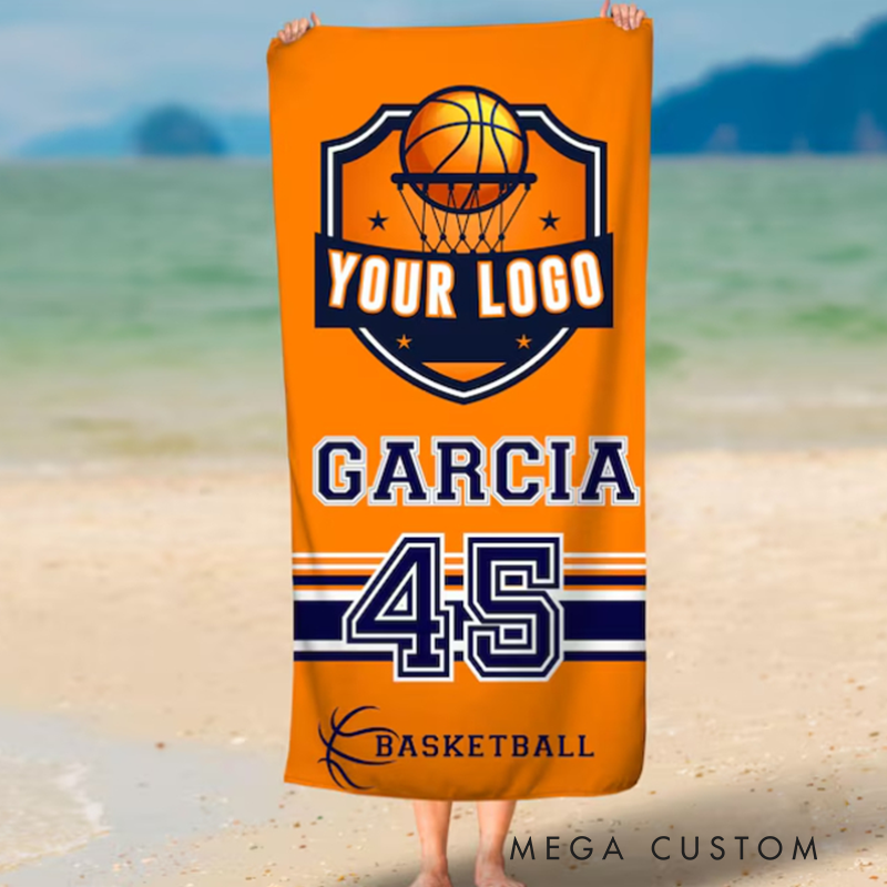 Personalized Basketball Beach Towel with Custom Logo Player Name Jersey Number Featuring Customizable Logo Options