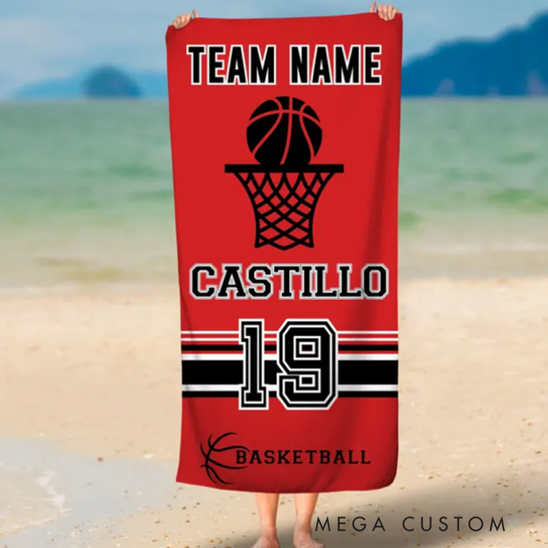 Personalized Basketball Beach Towel with Custom Team Name Player Name Jersey Number and Bold Red Hoop Design