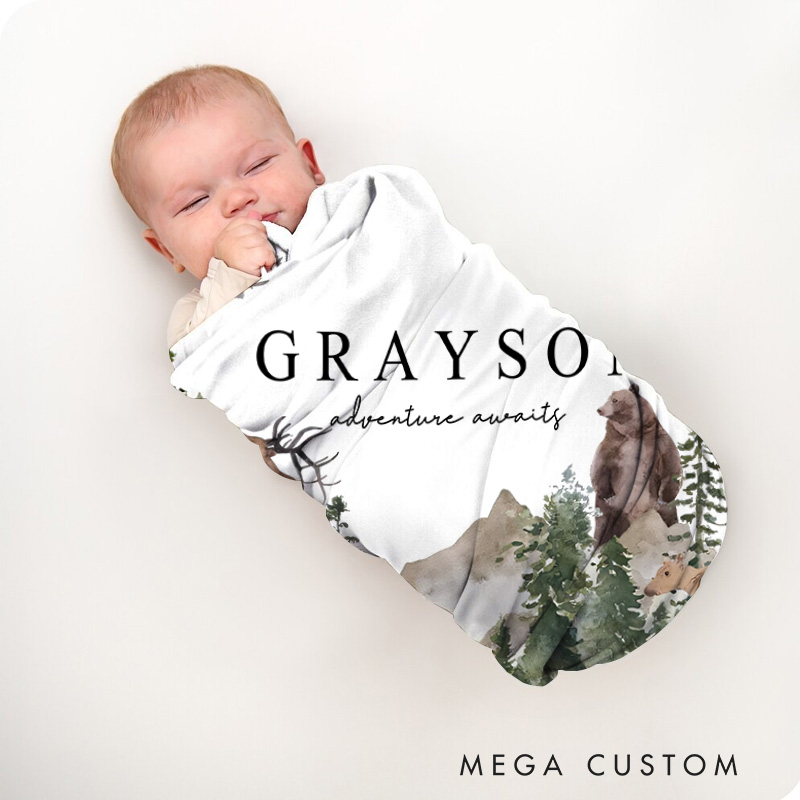 Personalized Woodland Theme Adventure Awaits Baby Blanket Forest Decor Gift