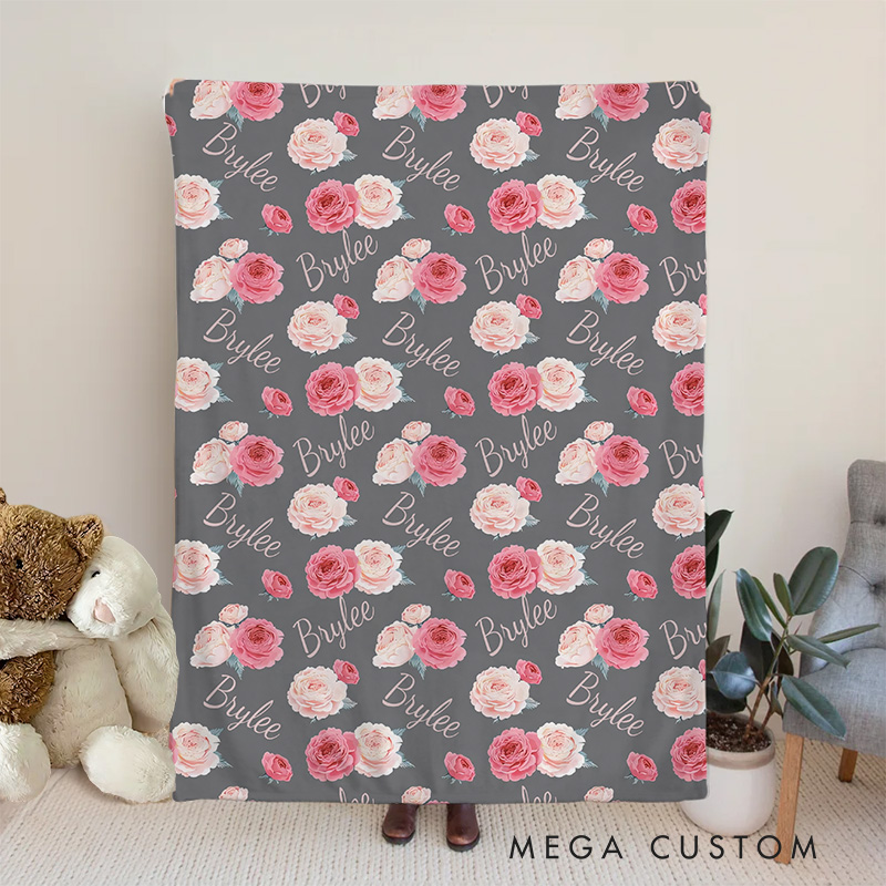 Personalized Name Baby Blanket with Roses Birthday Gift for Baby
