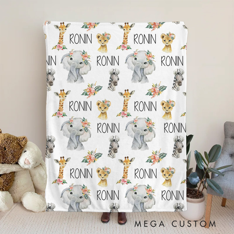 Personalized Animal Safari Baby Blanket Baby Shower Gift Birthday Gift for Baby