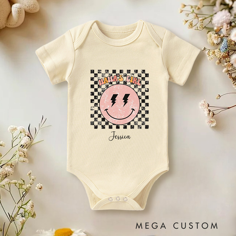 Personalized Mama’s Boy Rock and Roll Themed Design with Checkered Background Baby Onesie