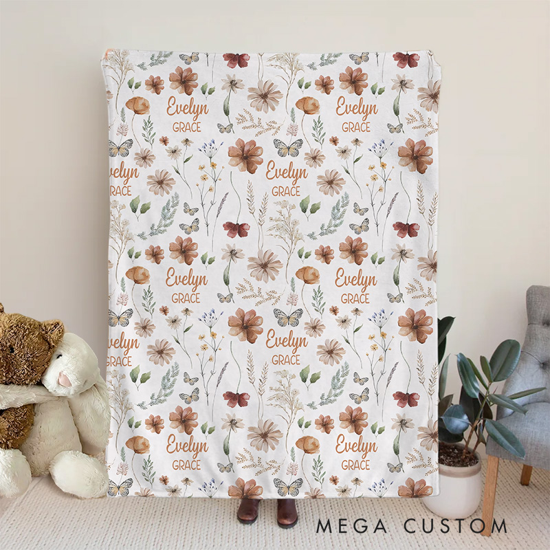 Personalized  Boho Flower Baby Name Blanket New Mom Gift ewborn Gift