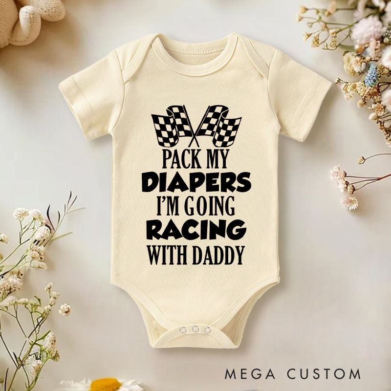 Personalized Pack My Diapers I'm Going Racing with Family Baby Onesie Baby Shower Gift