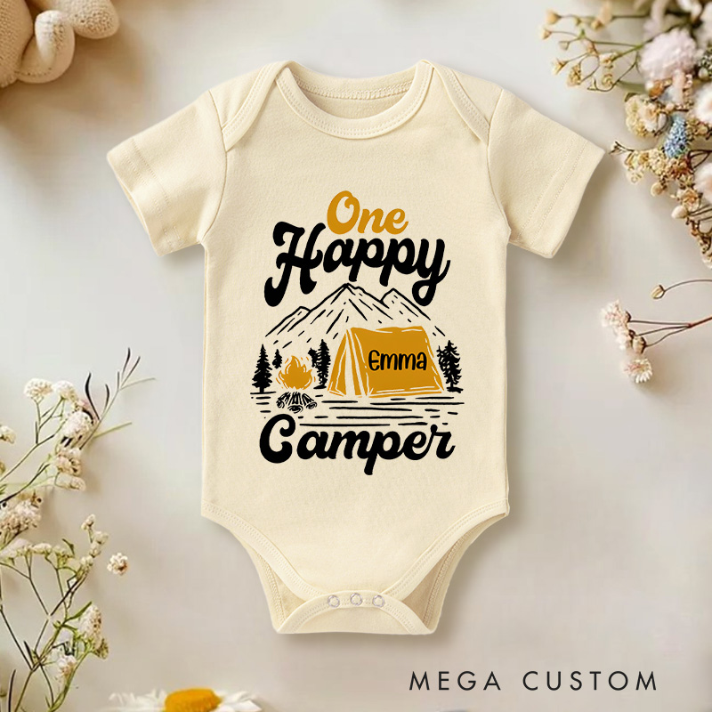 Personalized One Happy Camper Tent and Mountain Baby Onesie