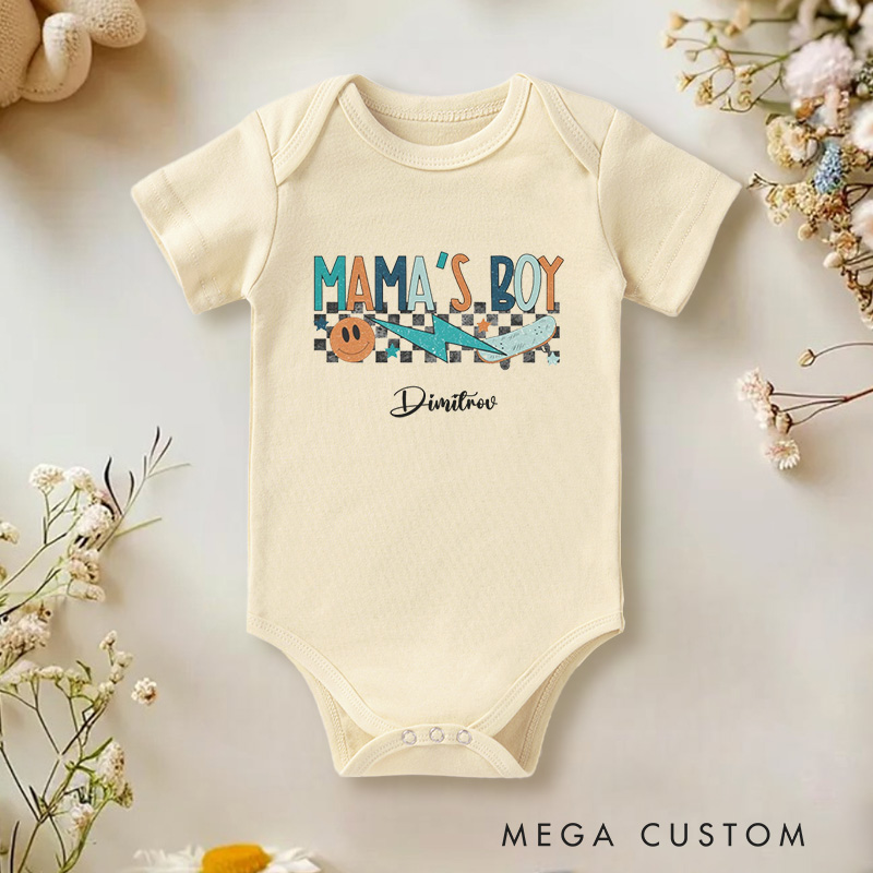 Personalized Mama’s Boy Retro Checkered Design Celebrating the Bond with Mom Baby Onesie