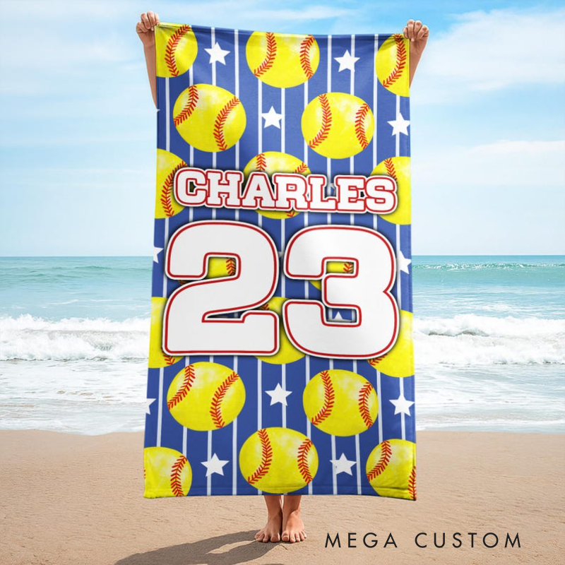 Personalized Softball Beach Towel with Custom Name Number Vibrant Design and Customizable Background Color