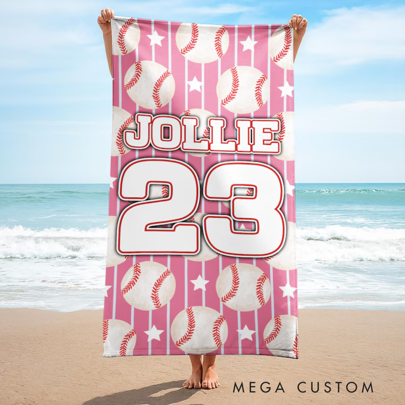 Personalized Baseball Beach Towel with Custom Name Number Vibrant Design and Customizable Background Color