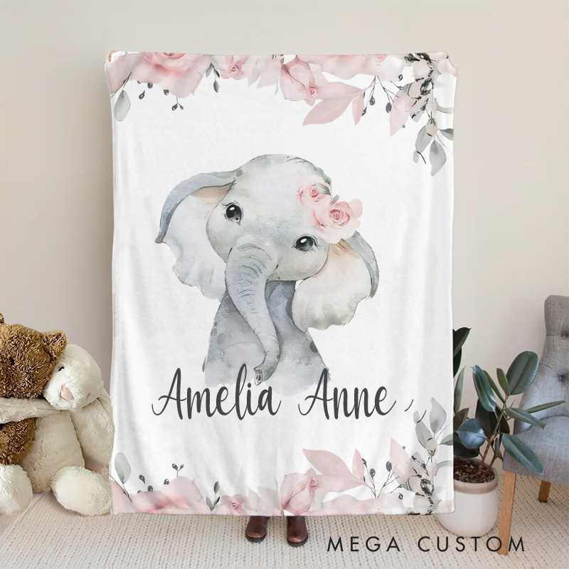 Personalized Ink Floral Elephant Baby Blanket Floral Baby Gift Baby Shower Gift