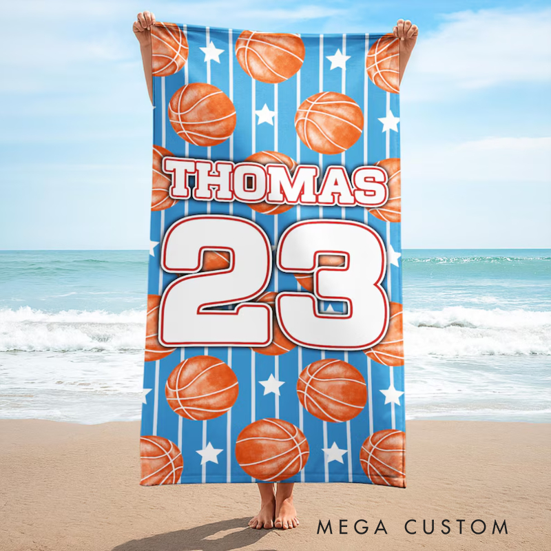 Personalized Basketball Beach Towel with Custom Name Number Vibrant Design and Customizable Background Color