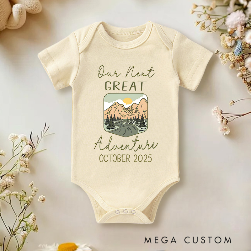 Personalized Our Next Great Adventure Mountain Scene Baby Onesie Funny Baby Gift