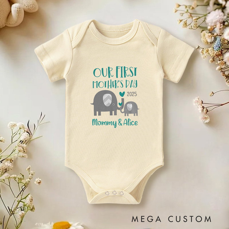 Personalized Our First Mother’s Day Mommy and Baby Elephant Cute Baby Onesie