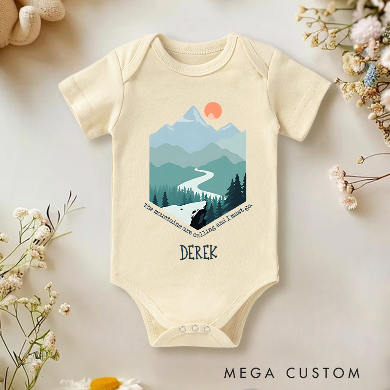 Personalized Derek Mountain and Path Adventure Art Baby Onesie Travel Baby Gift