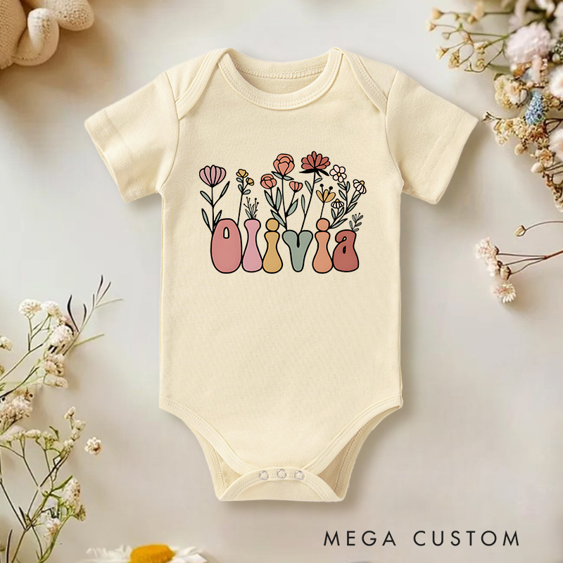 Personalized Floral Groovy Lettering Baby Onesie Baby Shower Gift